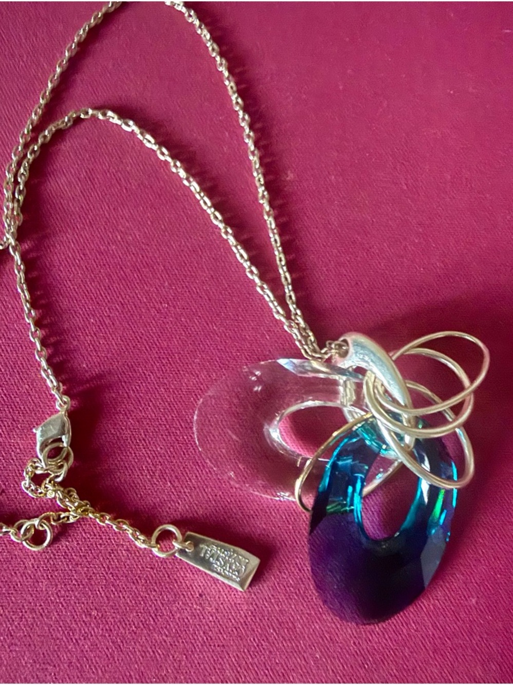 Swarovski Blue and Clear Crystal Loop Pendant Necklace Sterling